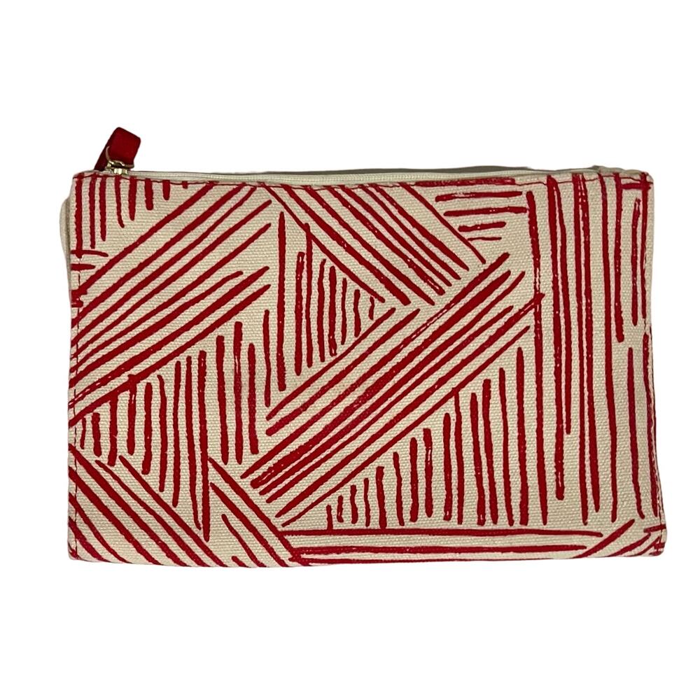 Mara Mi Pouch Clutch Soft Canvas Organizer Red Beige Bi-Fold Zipper Purse